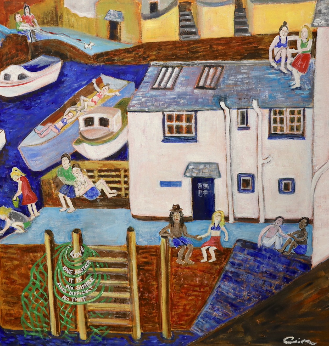 Gina Farrell (b.1970) Acrylic on canvas, Cornish harbour scene, monogram lower right, 76 x 76cm